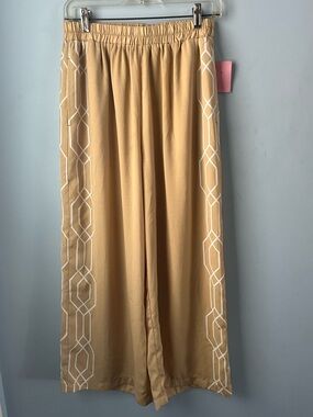 NWT Modern Works Wide Leg Tan Gold Cropped Flowy Pants Elastic Waist Size L